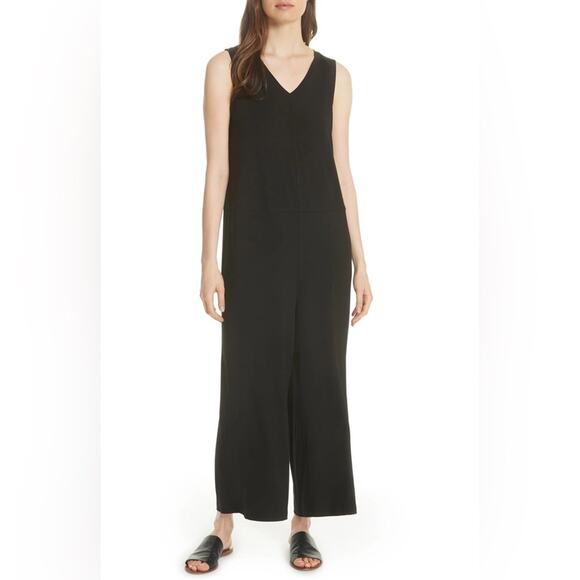 Eileen Fisher Size Black Viscose Jersey Wide Leg Jumpsuit medium jersey soft - Picture 1 of 8